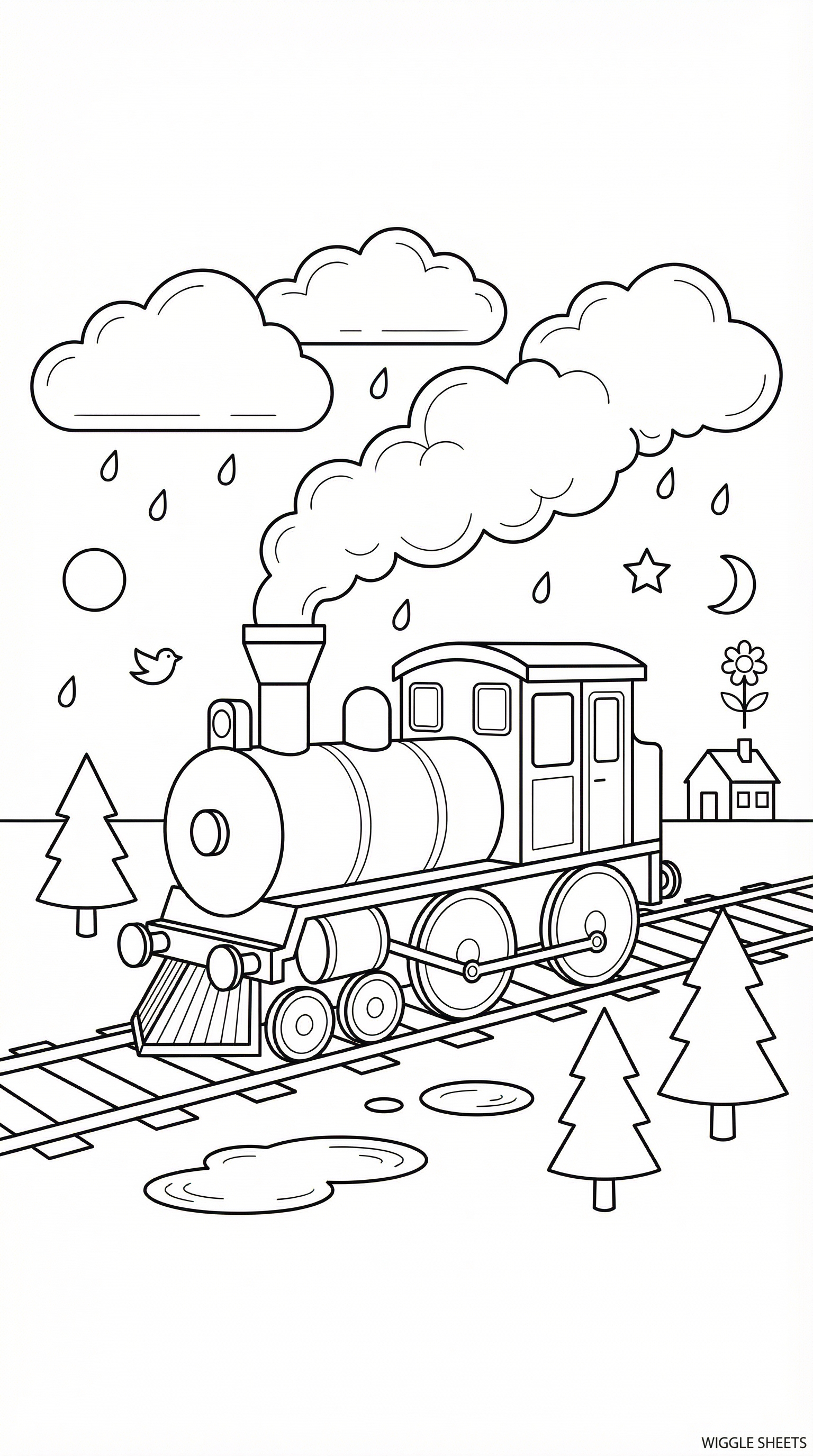 Steam Train in Rain Coloring Page